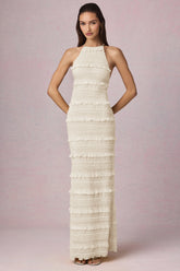 Ruffled Backless Halterneck Maxi Dress in Ivory